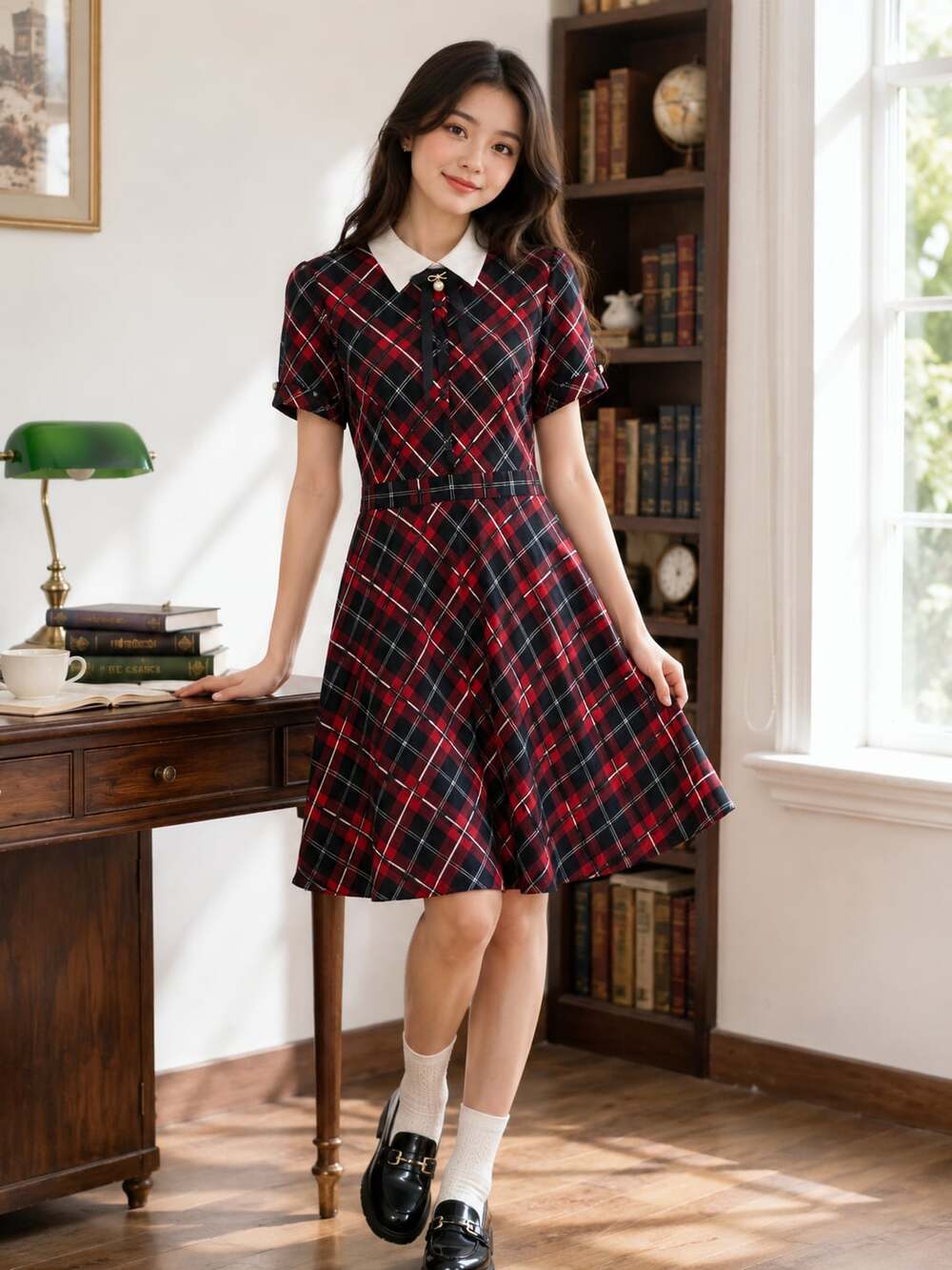 E-LAND Dark Academia Preppy Plaid Collared Dress, Size Small